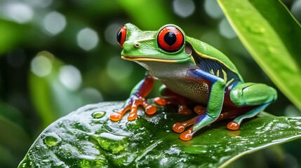 Fototapeta premium Red-Eyed Tree Frog Perched on a Dew-Covered Leaf