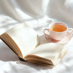 Naklejka premium Peaceful morning: a cup of tea and an open book on a soft bed, bathed in sunlight.