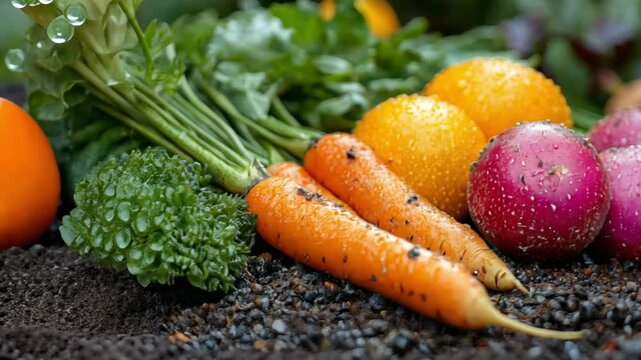 Freshly Harvested Vegetables: Carrots, Orange Squash, and Radishes