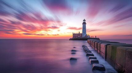 Fototapeta premium dramatic view of lighthouse standing against vibrant sunset sky, with long exposure effect creating smooth water surface and dynamic clouds