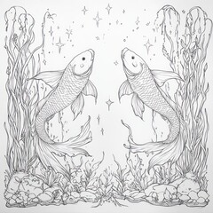 Fototapeta premium Two Koi Fish Facing, Underwater, Stars, Line Art, Coloring Page