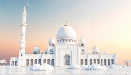 Obraz premium 3D white Mosque and Islamic architectural elements fo isra mi'raj, eid al fitr, eid al adha, eid al mubarak