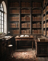 A quiet scholarly atmosphere with shelves of ancient texts a large wooden desk and the smell of old paper