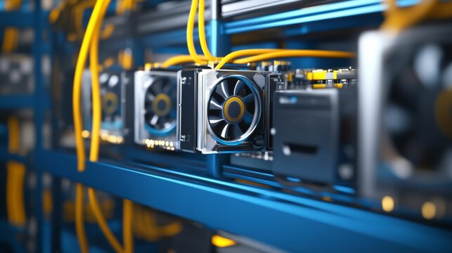 cryptocurrency mining equipment, fans, wires, video cards, ASICs, on a cryptocurrency farm