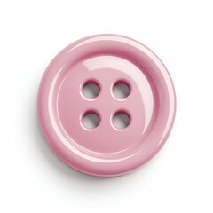 Close-up of a single pink four-hole button, isolated on a white background. Perfect for sewing and crafting projects.