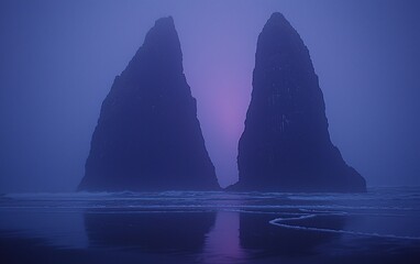 Twin sea stacks at dusk, reflected in calm ocean water.