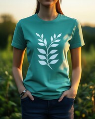 Woman in teal t-shirt with leaf design.