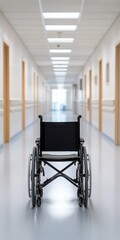 A solitary wheelchair stands at the end of a sterile hospital corridor, emphasizing themes of mobility, care, and the healthcare environment.