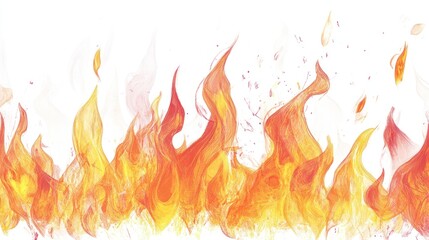 Fiery flames burning intensely, isolated, white background, graphic design element