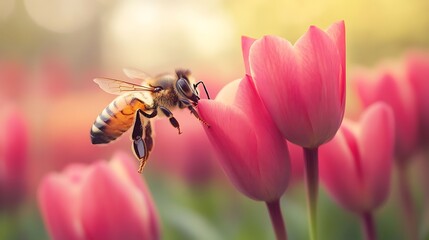 Honeybee Pollinating Pink Tulip