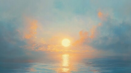 Obraz premium Golden Sunrise over Calm Ocean Waters with Soft Clouds and Reflective Surface