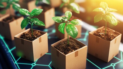 Young Plants Growing in Cardboard Boxes on a Digital Network