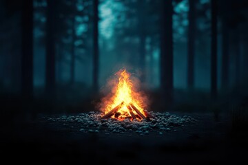 A glowing campfire surrounded by smoke and ashes in a dark forest, moody atmosphere