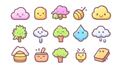 Cute Icons Set, Elements of Nature, Happy Characters, White background, Graphic design use