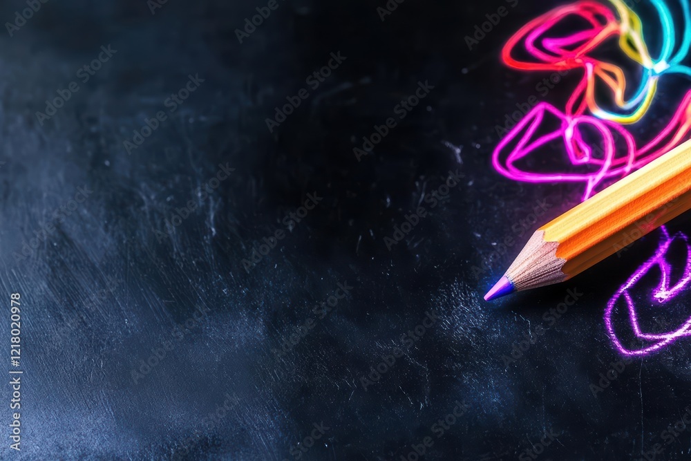 Poster artistic display of a standard pencil and a vibrant rainbow colored pencil on a smooth black surface