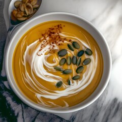 Creamy Pumpkin Soup: A bowl of vibrant, creamy pumpkin soup garnished with pumpkin seeds and a swirl of coconut cream, ready to warm your soul. 