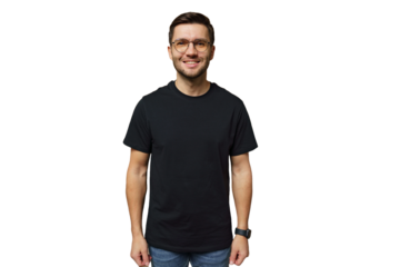 Smiling young man wearing a black t-shirt standing in front of a white background