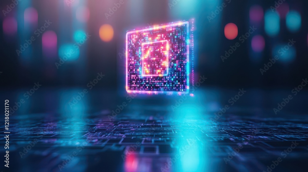Poster A glowing QR code floating in midair, with vibrant colors and dynamic lighting