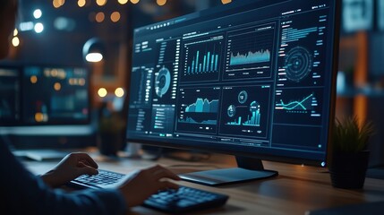 Fototapeta premium Person working late on computer with various data graphs and charts displayed. Illustrates data analysis, business intelligence, or market research.