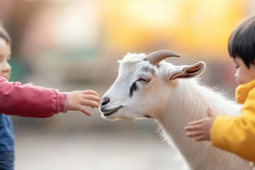 Obraz premium A goat interacting with children in a petting zoo, cheerful and lively mood