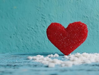 Fototapeta premium Bright Red Heart Shaped Sugar Confection on Vibrant Blue Background Creating a Playful and Whimsical Atmosphere Perfect for Sweet Celebrations