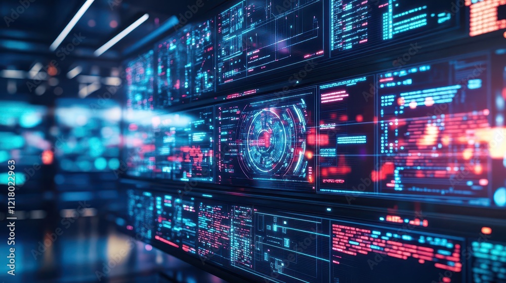 Leinwandbilder a hightech control room with holographic screens displaying advanced technology, glowing and dynamic
