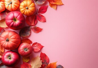 Colorful autumn pumpkins and bright red leaves arranged on a pink background, creating a warm and inviting seasonal composition perfect for fall festivities and seasonal decorations.