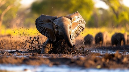 Obraz premium A playful elephant splashes in muddy water, surrounded by a herd, showcasing the beauty of wildlife in a vibrant, natural setting.