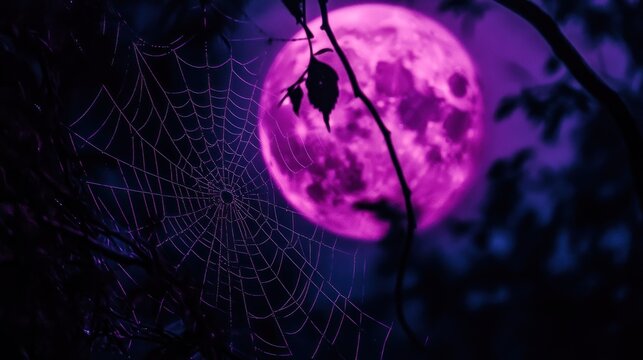 Pink moonlit forest spiderweb Halloween backdrop