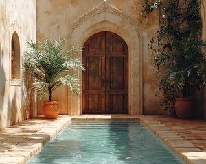 Fototapeta premium Sunlit courtyard with pool, ornate door, and plants.