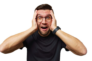 Man expressing shock with hands on head and surprised facial expression in a bright setting