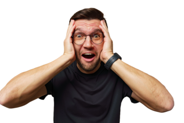 Man expressing shock with hands on head and surprised facial expression in a bright setting