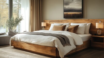 Modern bedroom with wooden bed, natural light, and calming decor.