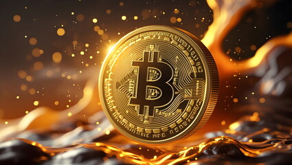 Golden Bitcoin Surrounded by Fiery Flames in a Dramatic Scene