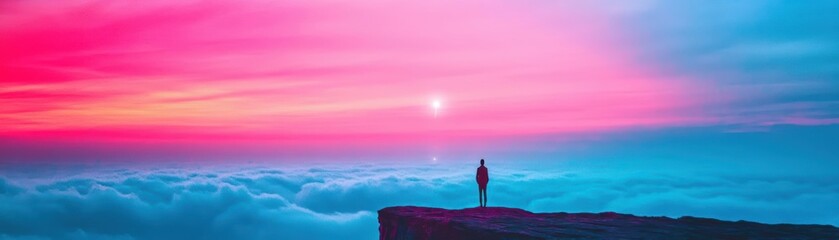 Fototapeta premium A lone person standing triumphantly on a mountain peak against a breathtaking sunset sky illuminating the horizon with vibrant hues of orange and pink