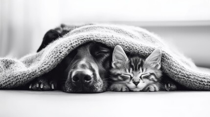 A cozy dog and cat snuggle together under a warm blanket, showcasing their friendship and warmth in a black-and-white setting.