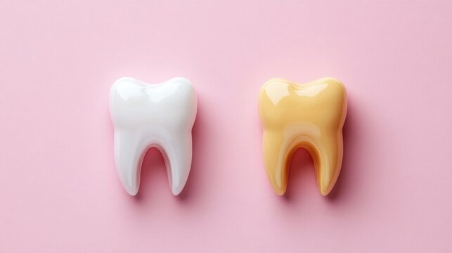 Comparison of healthy white tooth and stained yellow tooth on pink background