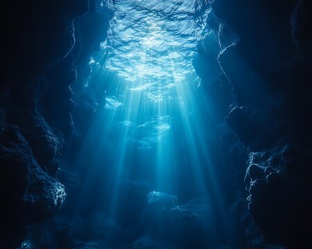 Underwater cave with sunbeams.
