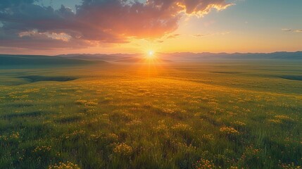 Fototapeta premium 日の出の草原の空撮7