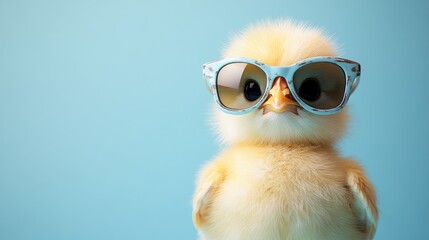Cute yellow chick wearing sunglasses against light blue background. Easter, Pascha, Paskha, Ostern, Pascua, Paques - Orthodox and Catholic Holiday celebration