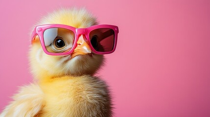 Cute fluffy chick wearing pink sunglasses against pink background. Easter, Pascha, Paskha, Ostern, Pascua, Paques - Orthodox and Catholic Holiday celebration
