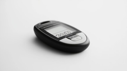 A high-resolution close-up of a blood glucose meter with readings displayed, set against a white background, Minimalist style