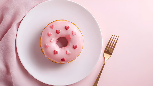 Pink donut with heart sprinkles on a white plate, gold fork on a pink background. Sweet treat, Valentine's Day theme.