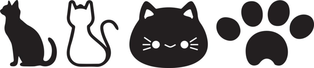 Cat icons collection. Kittens emoji symbols set. Black and white simple outline cats head emoticon pictures. Vector isolated.