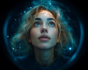 Woman's face in a circular light, looking up.