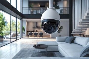 A sophisticated security camera observes a chic living area filled with contemporary furnishings, large windows, and greenery nearby, creating a bright and inviting atmosphere