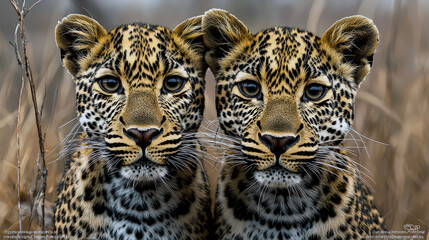 Fototapeta premium Twin Leopards: A Stunning Close-up of Two Young Leopards in their Natural African Habitat