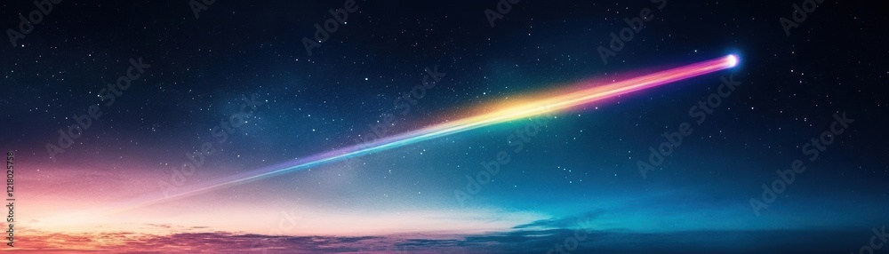 Poster a dazzling comet soars across the night sky leaving a vibrant rainbow colored streak illuminating th