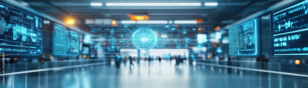 Poster Futuristic Hallway with Advanced Interface and Diverse People Navigating Through an Innovative Space Reflecting Modern Design and Technology Aesthetics