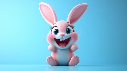 Fototapeta premium Happy cartoon pink bunny with big ears and blue eyes on a light blue background. Easter, Pascha, Paskha, Ostern, Pascua, Paques - Orthodox and Catholic Holiday celebration